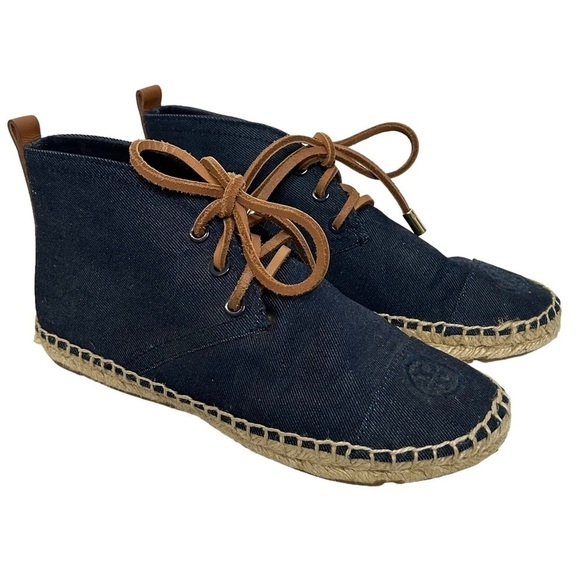 Tory Burch Navy Canvas Espadrille Lace Up Ankle Bootie Flats - Picture 3 of 16